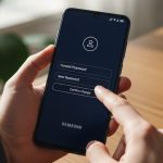 Manos sosteniendo un smartphone Samsung mostrando configuraciones de seguridad