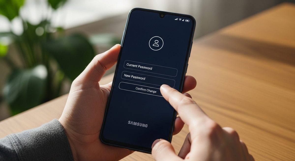 Manos sosteniendo un smartphone Samsung mostrando configuraciones de seguridad