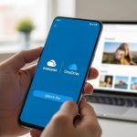 Manos sosteniendo un smartphone Samsung mostrando logos de Samsung Cloud y OneDrive