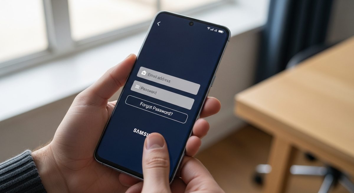 Manos sosteniendo un smartphone Samsung mostrando pantalla de inicio sesión