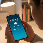 Manos sosteniendo un smartphone Samsung mostrando restauración de datos