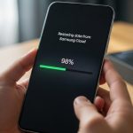 Manos sosteniendo un smartphone Samsung restaurando datos desde Samsung Cloud