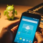 Manos sosteniendo un smartphone vintage con pantalla de Android KitKat