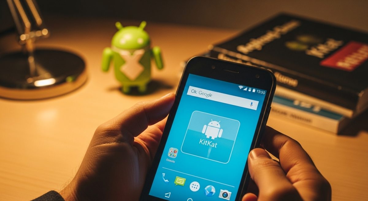 Manos sosteniendo un smartphone vintage con pantalla de Android KitKat