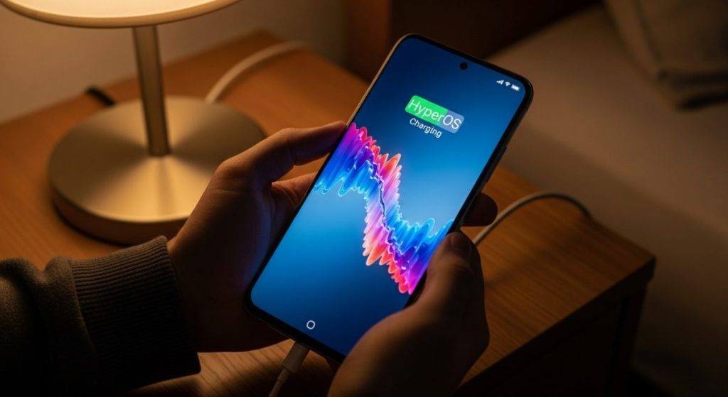 Manos sosteniendo un smartphone Xiaomi cargando con animación HyperOS