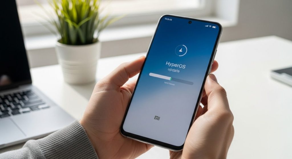 Manos sosteniendo un smartphone Xiaomi con actualización de HyperOS