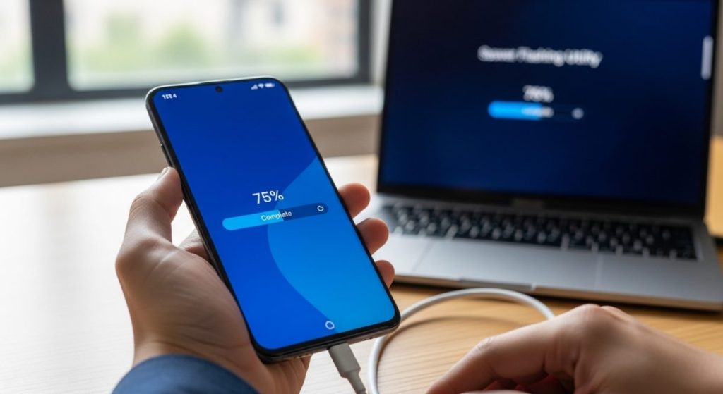 Manos sosteniendo un smartphone Xiaomi con cable USB-C conectado
