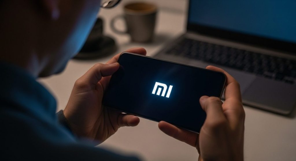 Manos sosteniendo un smartphone Xiaomi con logo MI en pantalla