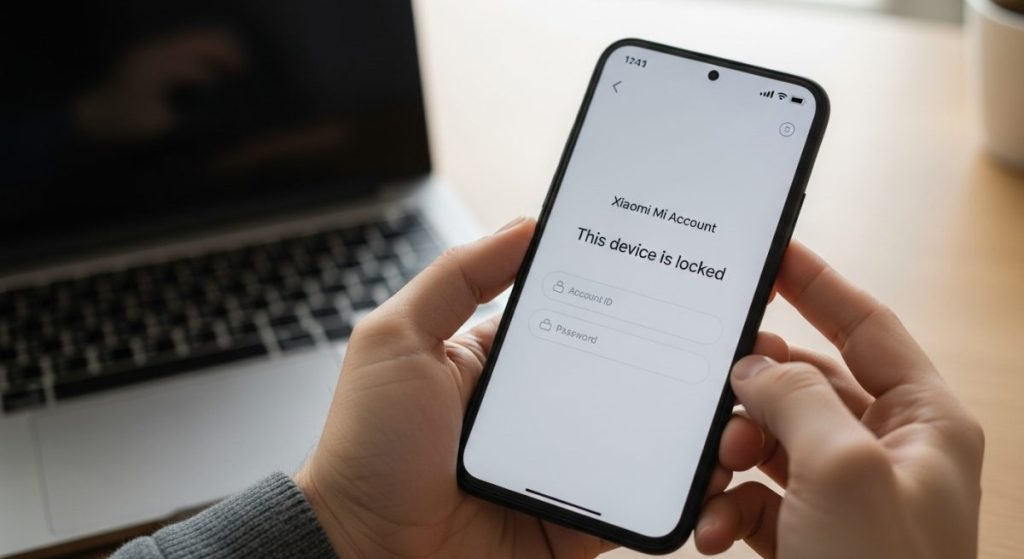 Manos sosteniendo un smartphone Xiaomi con mensaje de bloqueo visible