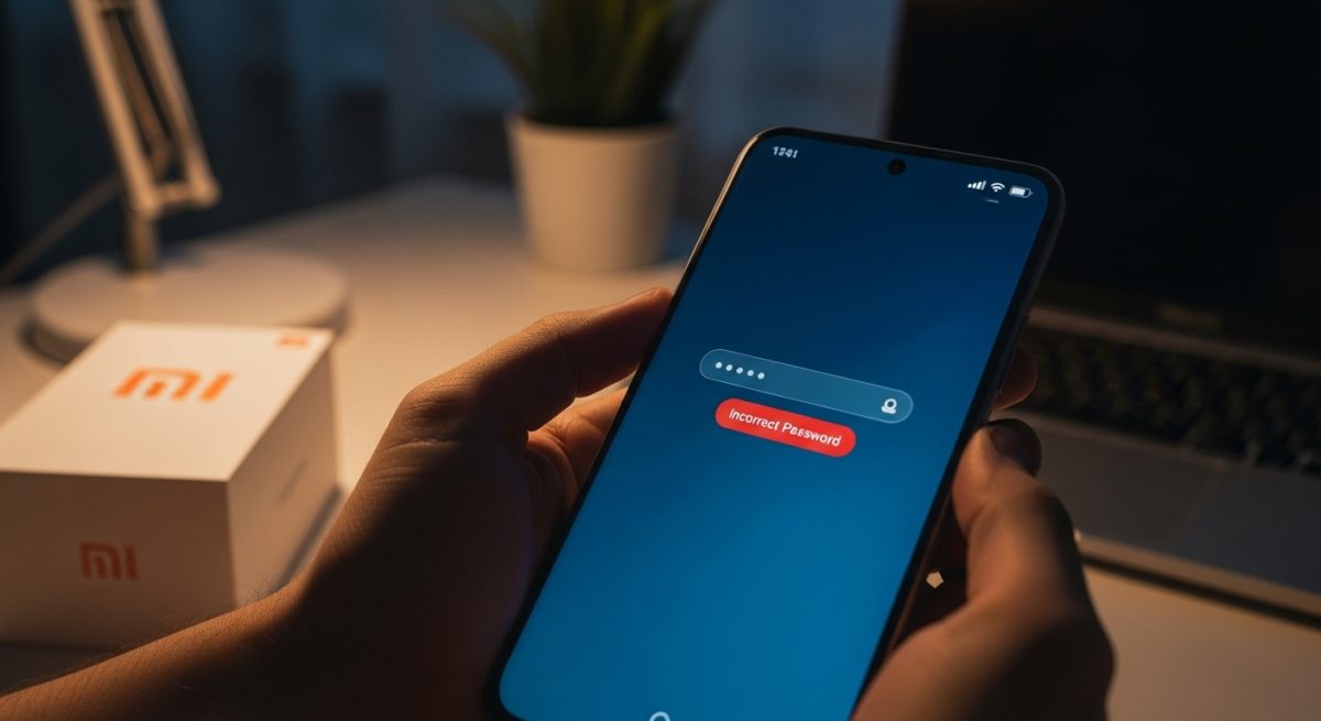 Manos sosteniendo un smartphone Xiaomi con mensaje de contraseña incorrecta