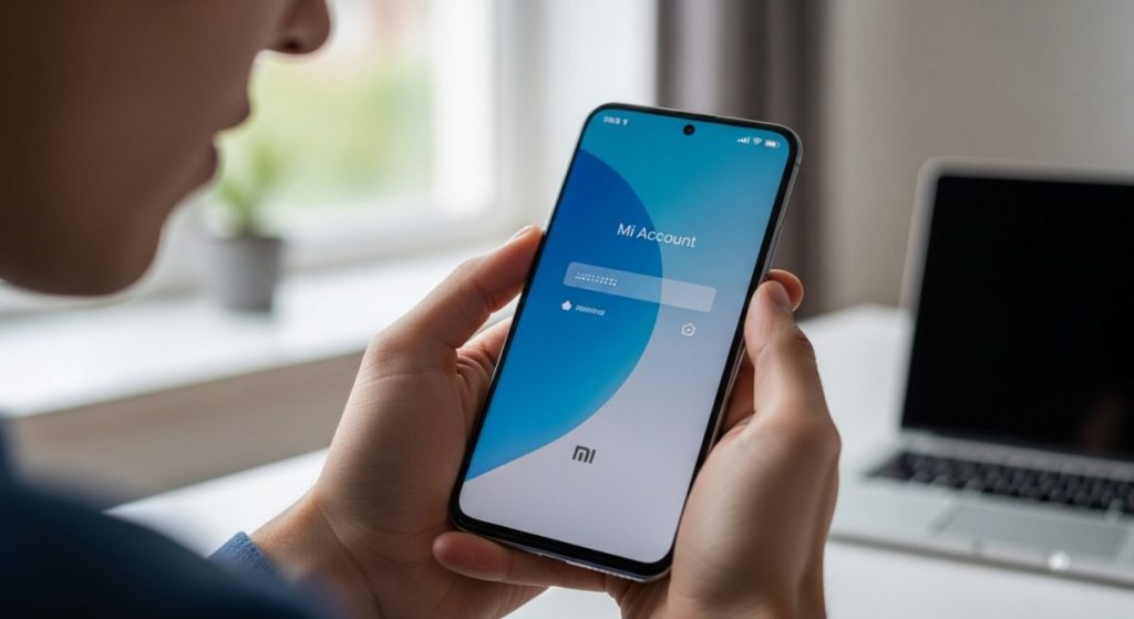 Manos sosteniendo un smartphone Xiaomi con pantalla de bloqueo Mi