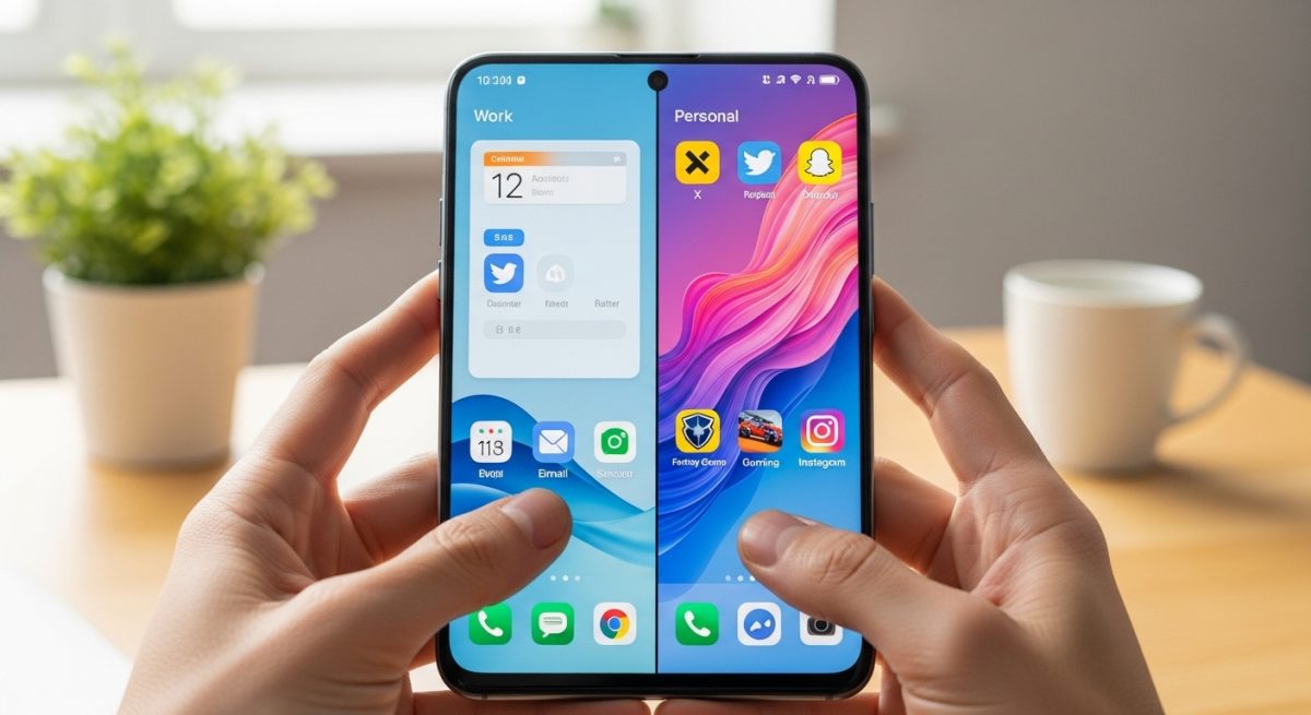 Manos sosteniendo un smartphone Xiaomi con pantalla de HyperOS