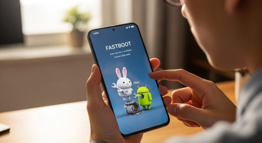 Manos sosteniendo un smartphone Xiaomi en modo Fastboot con mascota Mitu