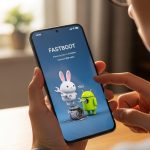 Manos sosteniendo un smartphone Xiaomi en modo Fastboot con mascota Mitu