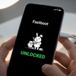 Manos sosteniendo un smartphone Xiaomi en modo Fastboot con UNLOCKED