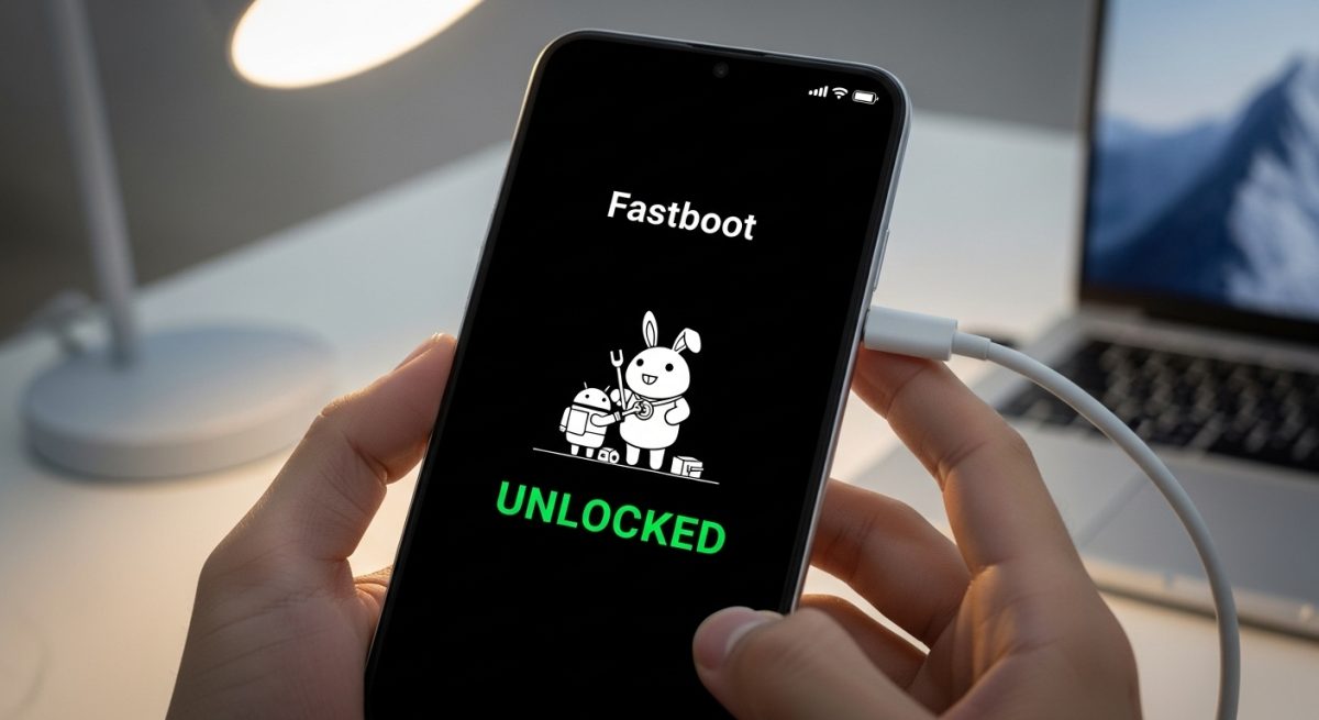 Manos sosteniendo un smartphone Xiaomi en modo Fastboot con UNLOCKED