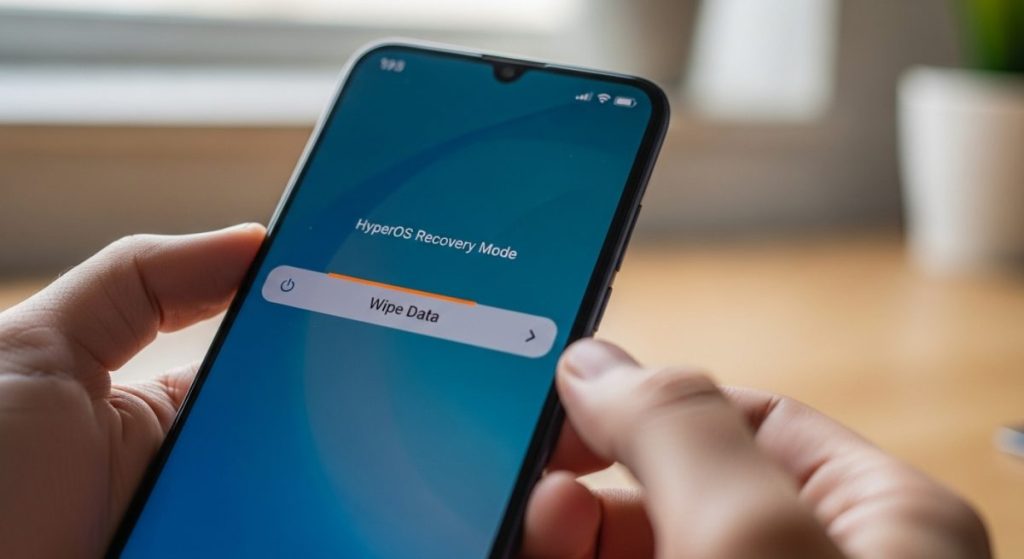 Manos sosteniendo un smartphone Xiaomi en modo HyperOS Recovery