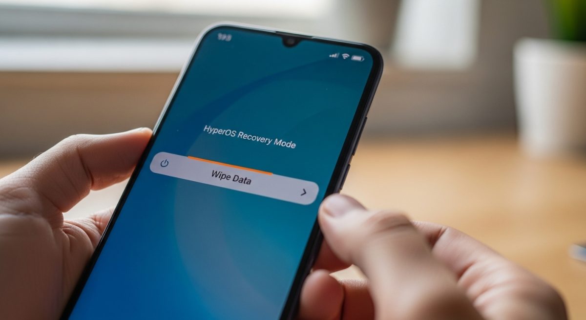 Manos sosteniendo un smartphone Xiaomi en modo HyperOS Recovery