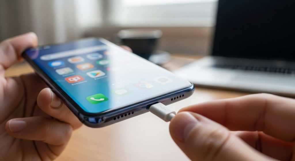 Manos sosteniendo un smartphone Xiaomi intentando conectar cable USB-C