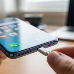 Manos sosteniendo un smartphone Xiaomi intentando conectar cable USB-C