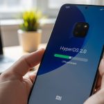 Manos sosteniendo un smartphone Xiaomi mostrando actualización HyperOS 2.0