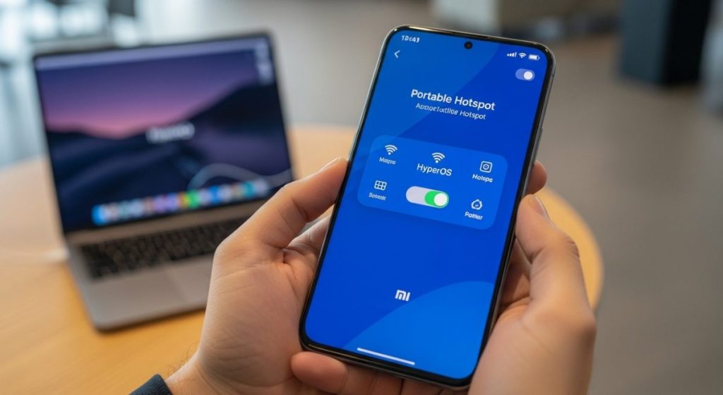 Manos sosteniendo un smartphone Xiaomi mostrando la configuración de hotspot
