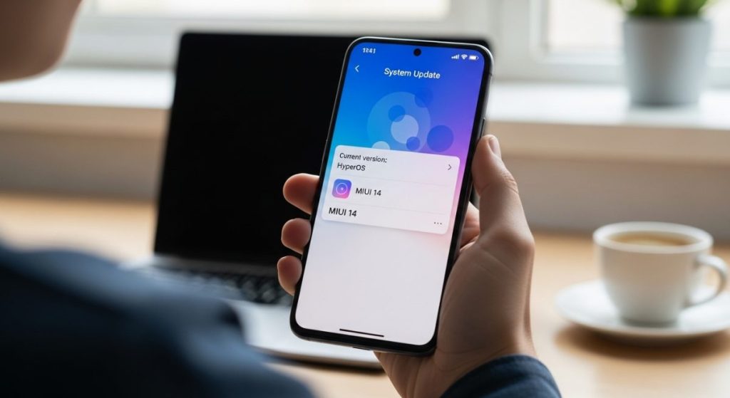 Manos sosteniendo un smartphone Xiaomi navegando en configuración de sistema