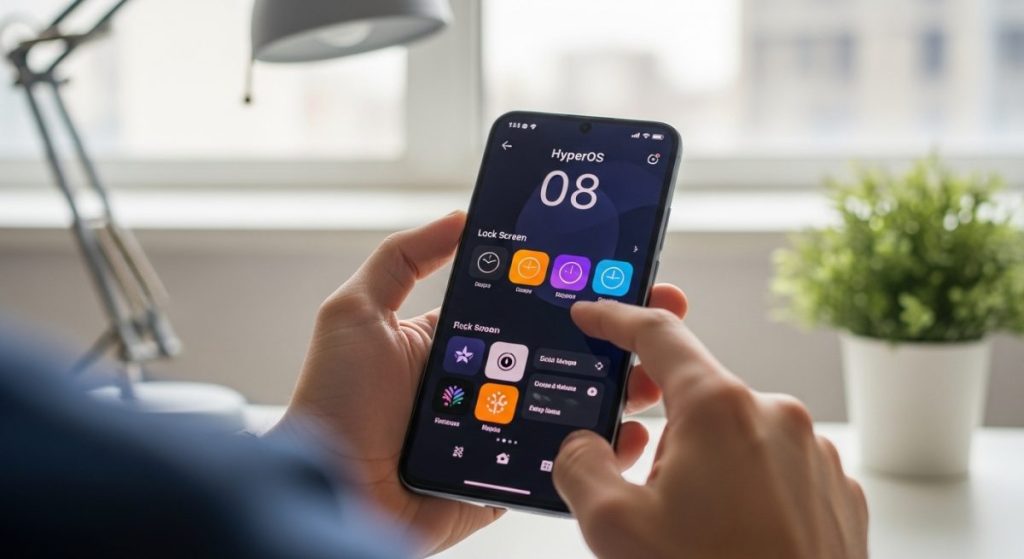 Manos sosteniendo un smartphone Xiaomi personalizando HyperOS en pantalla