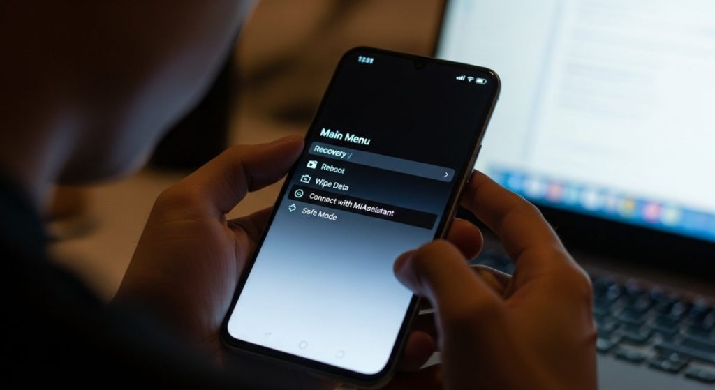Manos sosteniendo un smartphone Xiaomi que muestra menú MIUI Recovery