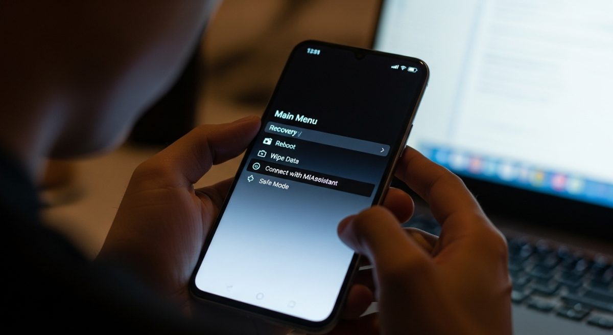 Manos sosteniendo un smartphone Xiaomi que muestra menú MIUI Recovery