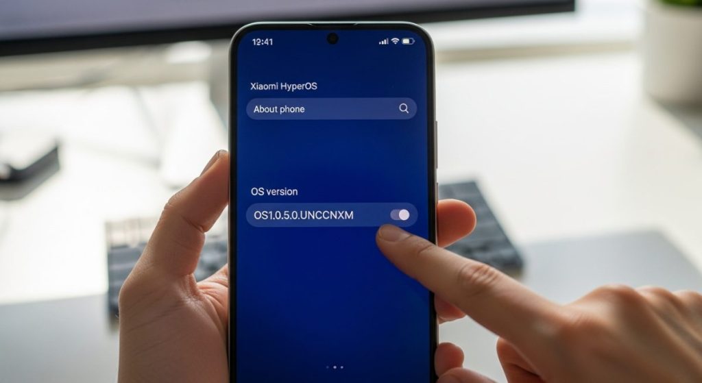 Manos sosteniendo un smartphone Xiaomi señalando la versión del OS