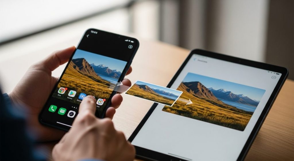 Manos sosteniendo un smartphone y una tablet Xiaomi en escritorio