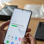 Manos sosteniendo un teléfono Samsung nuevo sobre una mesa de madera