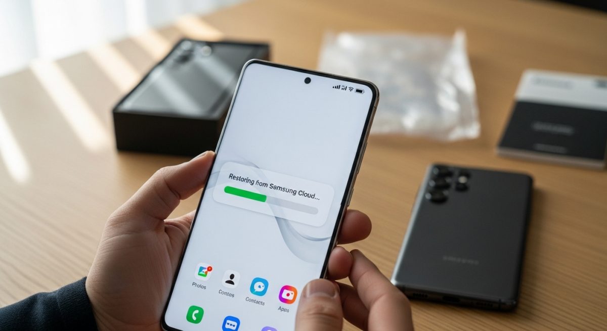 Manos sosteniendo un teléfono Samsung nuevo sobre una mesa de madera