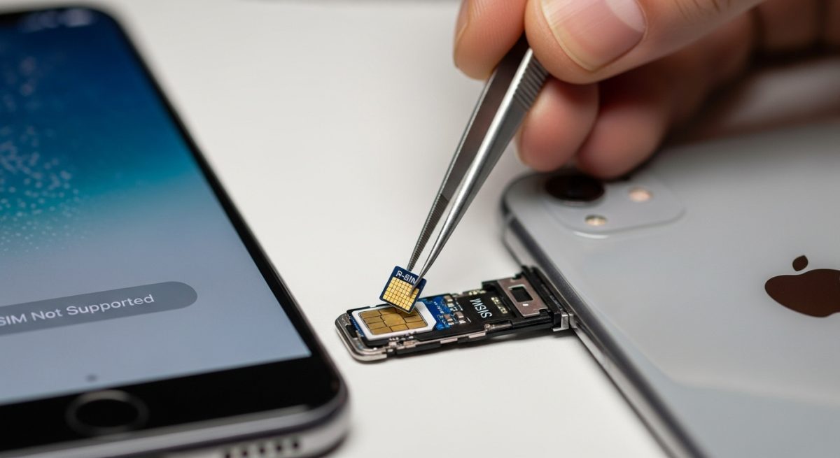 Manos usando pinzas para colocar chip R-SIM en SIM nano