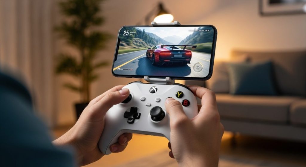 Manos usando un control Xbox blanco con un smartphone montado