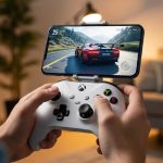Manos usando un control Xbox blanco con un smartphone montado