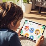 Niño interactuando felizmente con una tablet Android mostrando Google Kids Space