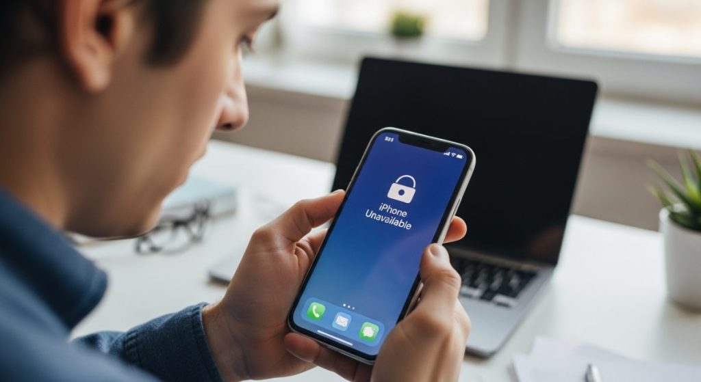 Persona con expresión preocupada mirando su iPhone mostrando mensaje de bloqueo