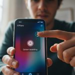 Persona configurando grabación de pantalla en iPhone en oficina moderna