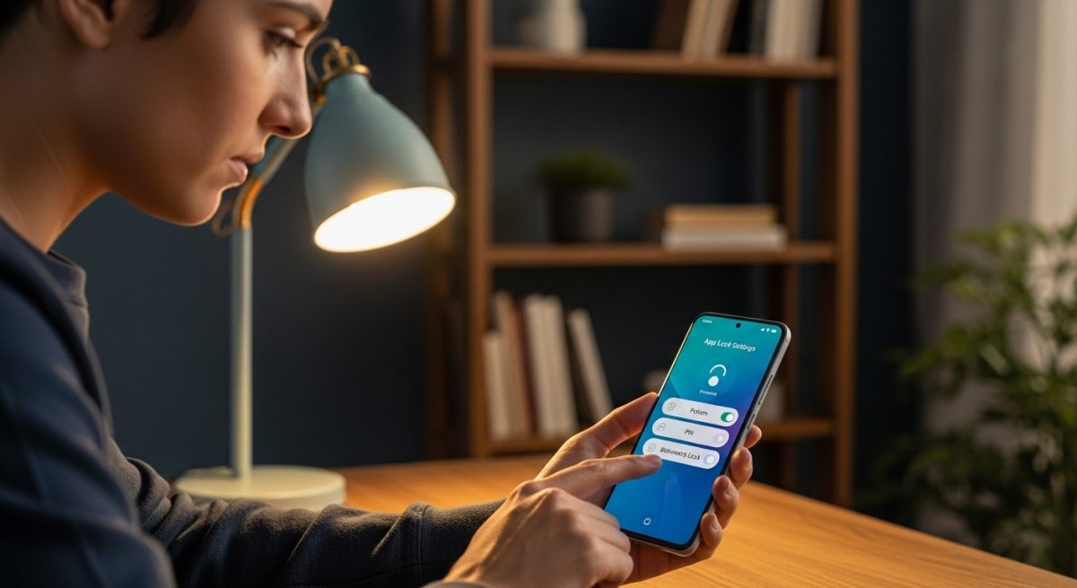 Persona configurando un smartphone Xiaomi en oficina acogedora