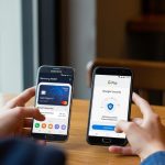 Persona en café comparando Samsung Wallet con Google Pay en smartphones
