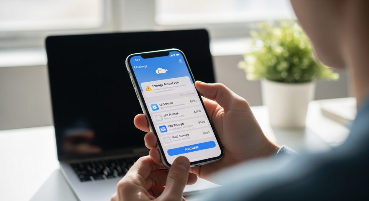Persona sosteniendo un iPhone con pantalla de iCloud y compra de almacenamiento