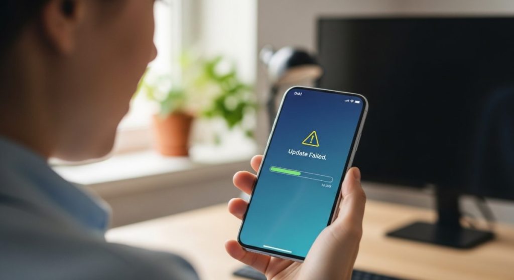 Persona sosteniendo un smartphone con error de actualización visible