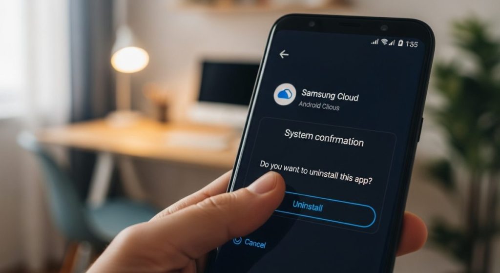 Persona sosteniendo un smartphone Samsung con botón de desinstalar visible