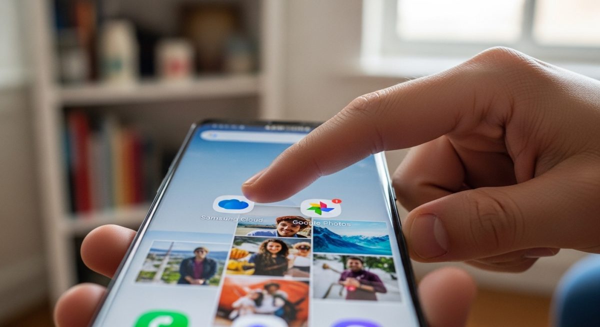 Persona sosteniendo un smartphone Samsung con íconos de aplicaciones