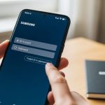 Persona sosteniendo un smartphone Samsung Galaxy en oficina acogedora