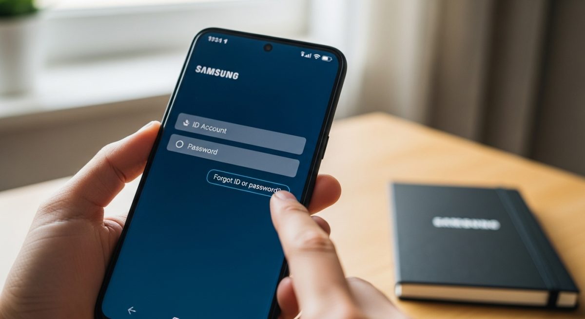 Persona sosteniendo un smartphone Samsung Galaxy en oficina acogedora