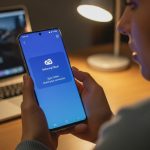 Persona sosteniendo un smartphone Samsung luciendo frustrado con error de sincronización