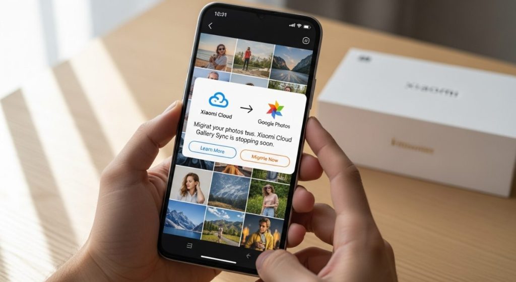 Persona sosteniendo un smartphone Xiaomi con notificación de migración